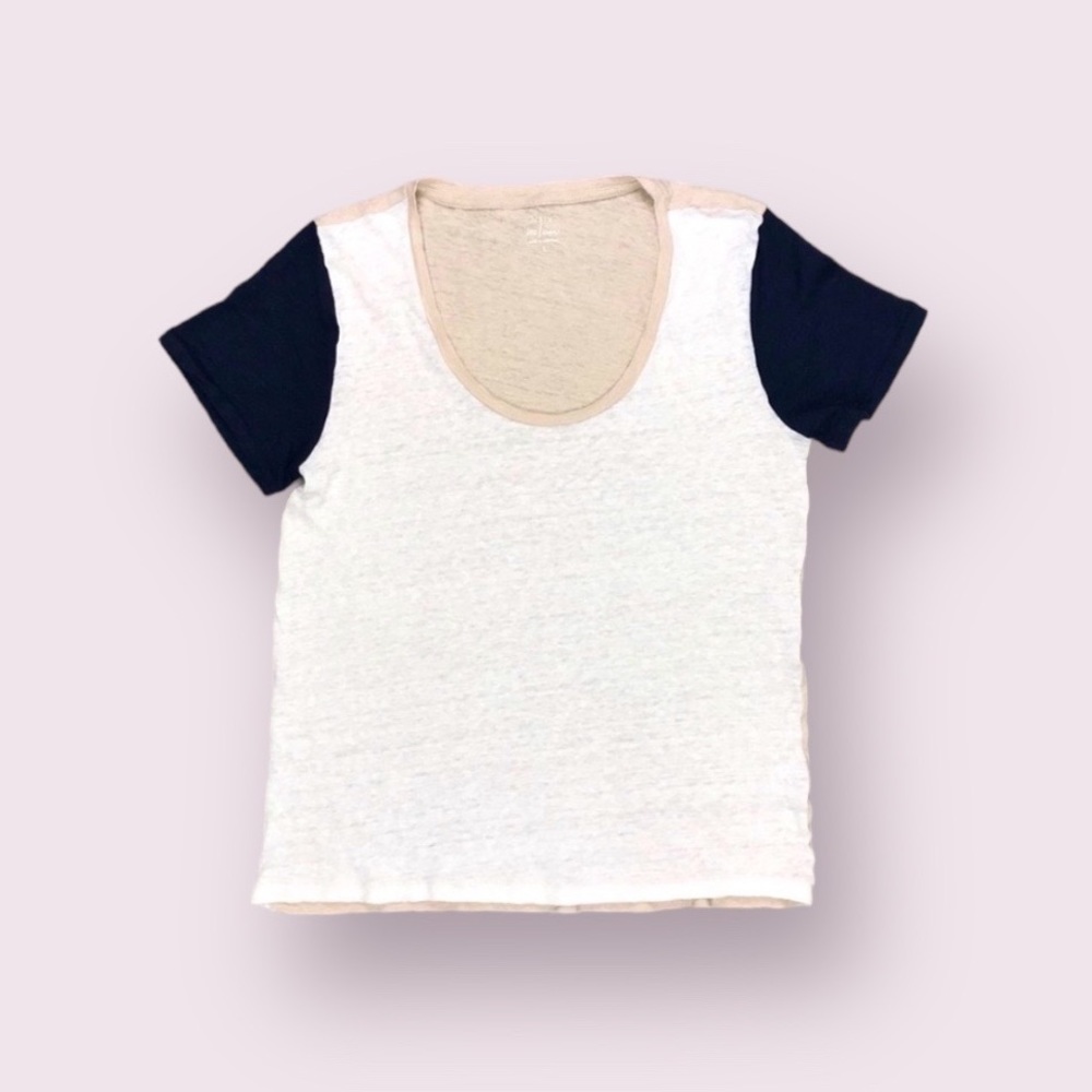 J Crew 100% Linen Color Block T Shirt Large Cream White Navy